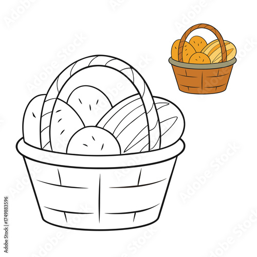 A charming coloring page featuring a basket full of fresh bread loaves, ready to color with warm tones, perfect for food lovers and cozy kitchen art.

