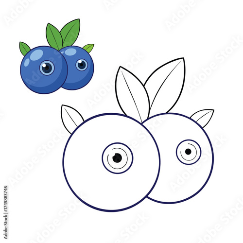 A delightful blueberries coloring page featuring plump berries on leafy stems, perfect for adding vibrant blues and greens with fun, creative coloring.
