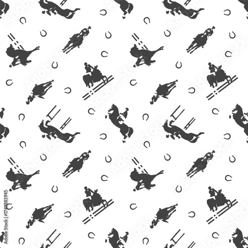 Seamless patterns with silhouettes of show jumping athletes and horses