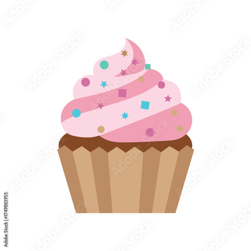 Delicious pink frosted cupcake with colorful sprinkles.