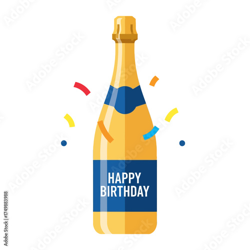Happy Birthday champagne bottle with confetti vector illustration.