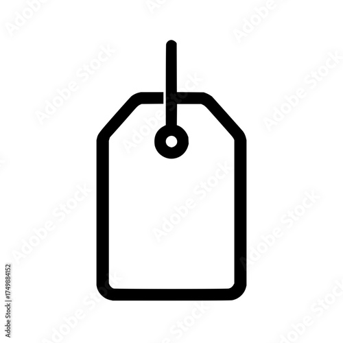 Illustration of a simple black and white price tag with a string for attaching to merchandise displayed