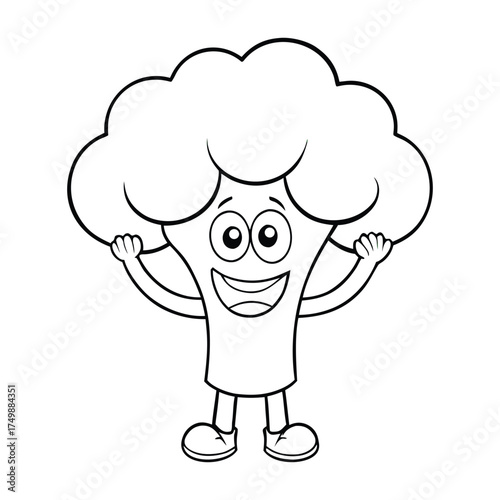 Cheerful cartoon broccoli stands with a big smile, raising both hands high in excitement. Its fluffy green top and friendly eyes make it a fun and lively coloring page.
