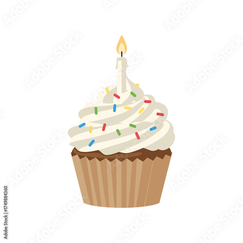 Delicious Birthday Cupcake with Lit Candle and Colorful Sprinkles.