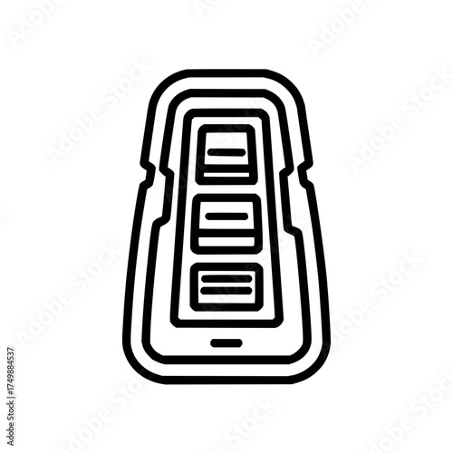 Illustration of a black and white inflatable boat with three seats in a minimalist outline style design