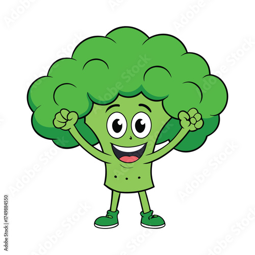 Cheerful cartoon broccoli with a big smile and wide eyes, raising his hands in excitement like he’s celebrating something fun and healthy, radiating joyful veggie vibes.
