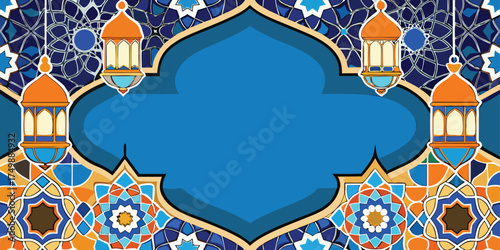 Elegant Islamic decorative background with colorful geometric mosaic patterns at the bottom, featuring blue, orange, and white floral tile designs