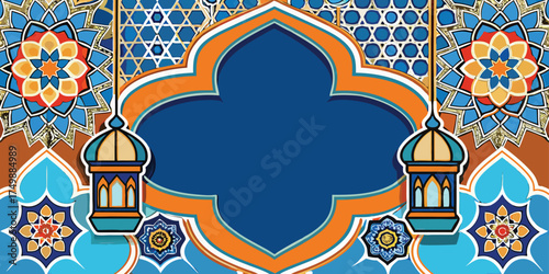 Elegant Islamic decorative background with colorful geometric mosaic patterns at the bottom, featuring blue, orange, and white floral tile designs