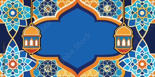 Elegant Islamic decorative background with colorful geometric mosaic patterns at the bottom, featuring blue, orange, and white floral tile designs