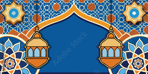 Elegant Islamic decorative background with colorful geometric mosaic patterns at the bottom, featuring blue, orange, and white floral tile designs