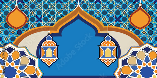 Elegant Islamic decorative background with colorful geometric mosaic patterns at the bottom, featuring blue, orange, and white floral tile designs