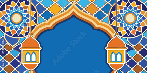 Elegant Islamic decorative background with colorful geometric mosaic patterns at the bottom, featuring blue, orange, and white floral tile designs