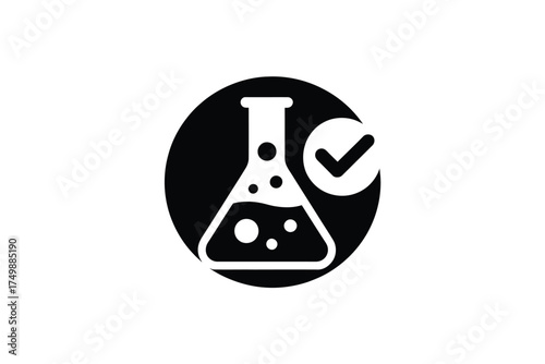 Black and white icon of a laboratory flask with bubbles and a checkmark inside a circle