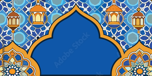 Elegant Islamic decorative background with colorful geometric mosaic patterns at the bottom, featuring blue, orange, and white floral tile designs