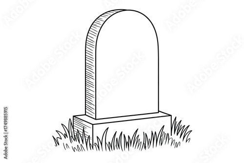 Simple hand drawn sketch of a blank tombstone in grass with white background