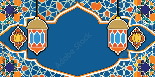 Elegant Islamic decorative background with colorful geometric mosaic patterns at the bottom, featuring blue, orange, and white floral tile designs