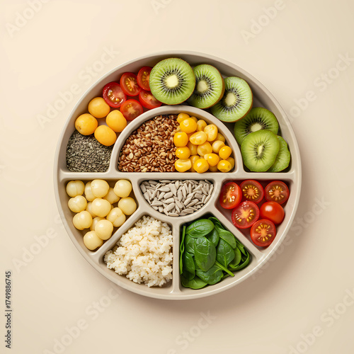 Balanced nutrition concept for World Food Day, flat lay of fruits, vegetables, and grains on divided plate, minimalist healthy diet background