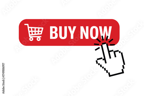 Red buy now button with shopping cart icon and cursor clicking it