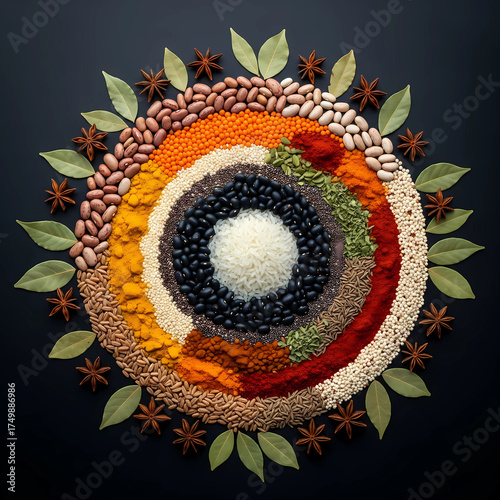 Abstract concept of food unity mandala made with grains, seeds, and spices for World Food Day, global harmony theme
