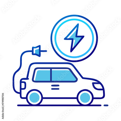 Electric car charging with power icon in blue outline style  