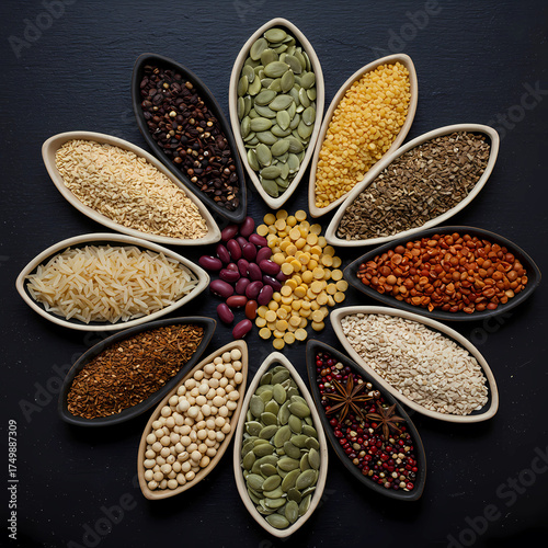 Abstract concept of food unity mandala made with grains, seeds, and spices for World Food Day, global harmony theme