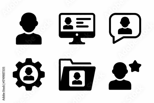 Collection of black user account icons representing profiles settings communication and user management in a simple and minimal design