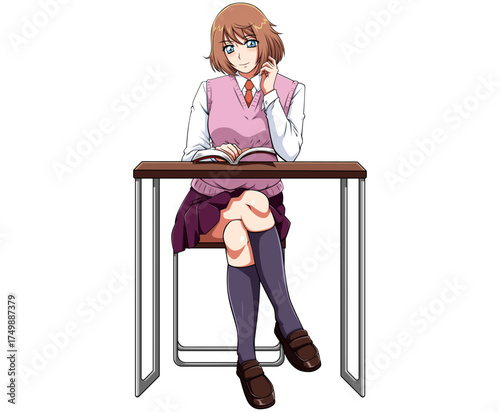 Anime Manga Schoolgirl Reading Book on White