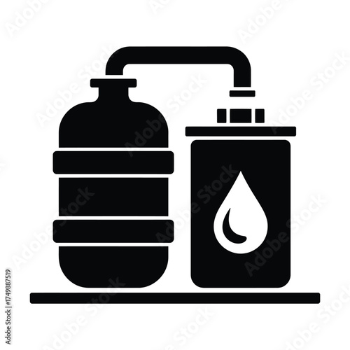Simple black and white icon of a water distillation apparatus with droplet