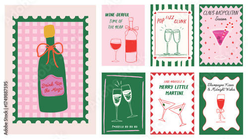 Colorful Christmas and Happy New Year poster set. Fun hand-drawn cocktail-inspired prints with champagne, martini, prosecco, wine, and festive quotes perfect for Home, party decor and T-shirt Graphics