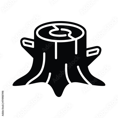 Stylized black and white illustration of a tree stump with visible rings and roots