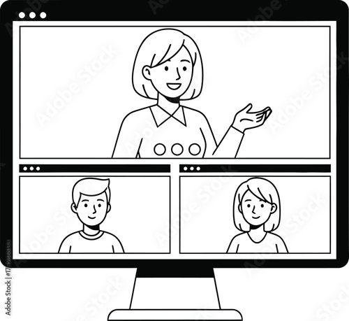 Online education concept a woman is teaching a class via video call on a computer, with two students participating in the virtual meeting isolated on white background