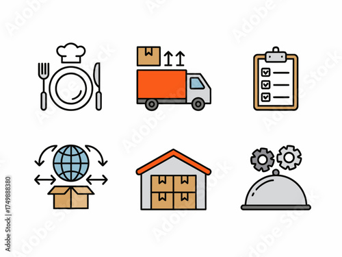 Food delivery and global logistics icon set vector illustration for online ordering platform and shipping service provider with chef delivery truck inventory and tracking