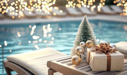 Celebrating new year and holidays at a resort. Small christmas tree, gift, and ornaments bringing festive cheer by a sunny swimming pool