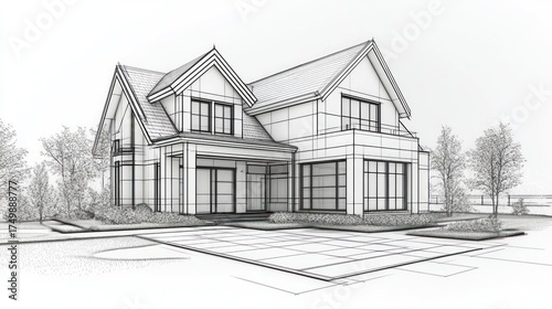 Home sketch with lines and open spaces, surrounded by trees, for house plans and architectural design