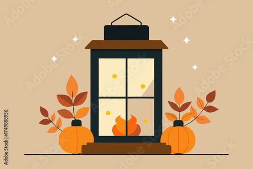 Lantern with pumpkins and autumn leaves on transparent background
