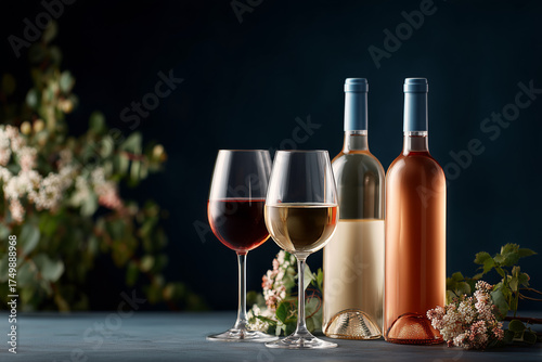 Wine bottles and glasses still life arrangement against backdrop