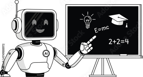 An intelligent robot teacher is explaining math and science concepts on a blackboard, isolated on white background the robot is pointing to equations and symbols related to energy, mass, and basic ari