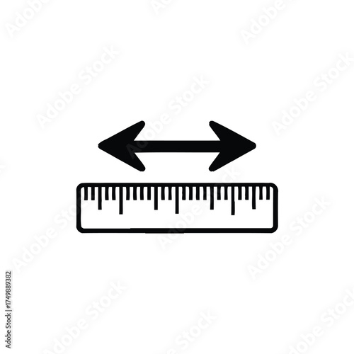 Black and white icon of a ruler with a double headed arrow indicating measurement