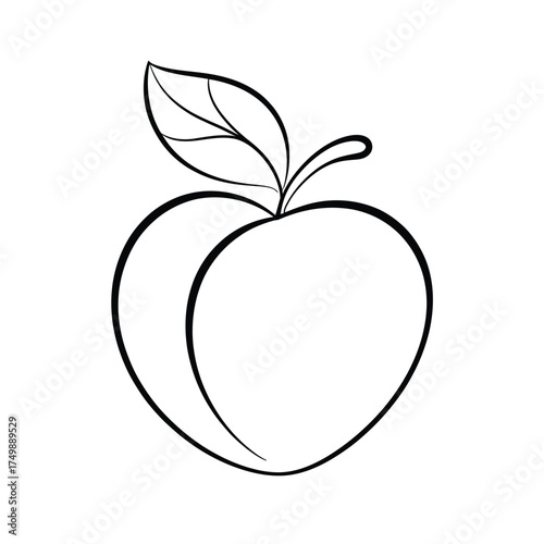 Simple outline drawing of a fresh peach with a stem and leaf