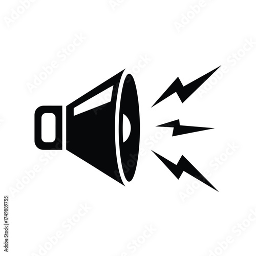 Black megaphone icon emitting sound waves and lightning bolts symbolizing announcement