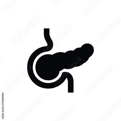 Black silhouette icon of the human pancreas and duodenum anatomical illustration
