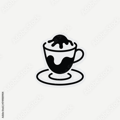 Simple black and white line art illustration of a coffee drink with whipped cream and chocolate sauce