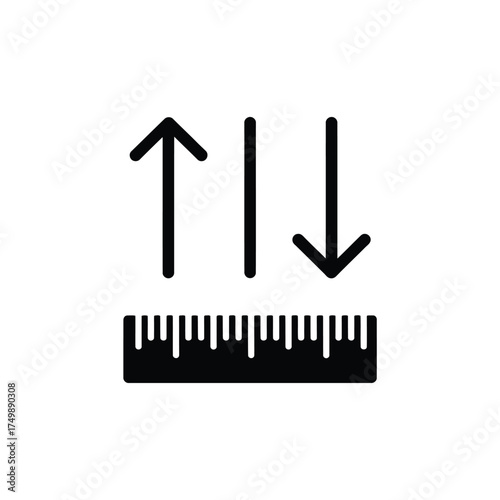 Black and white icon representing measurement with arrows and a ruler