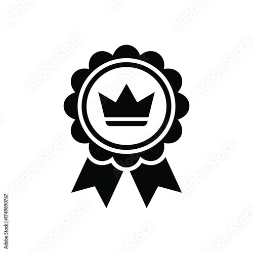Simple black silhouette of a crown on a circular award ribbon