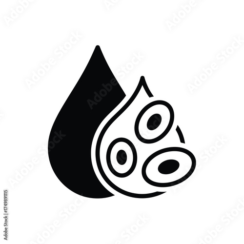 Stylized illustration of a blood drop with red blood cells and white blood cells