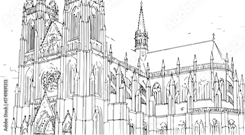 Black and White Sketch of a Grand Gothic Cathedral with Ornate Details and Towering Spires
