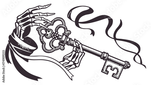 skeleton hand holding vintage key with ribbon spooky silhouette Vector illustration, skeletal hand grasping a vintage, ornate key, intertwined with a flowing ribbon