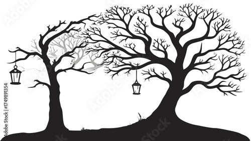 vector illustration of an old tree, Spooky bare trees lanterns Halloween landscape silhouette