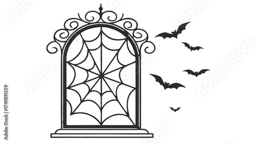 vector illustration of an antique window, Ornate gothic window spider web bats Halloween decor