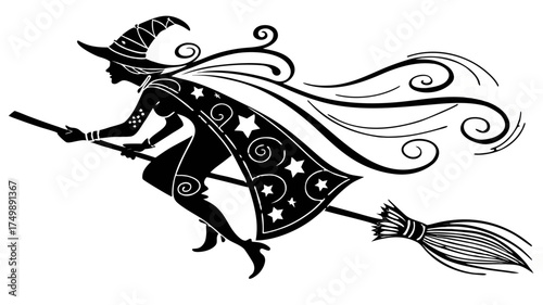 Flying Witch Silhouette with Stars and Broomstick Vector Illustration